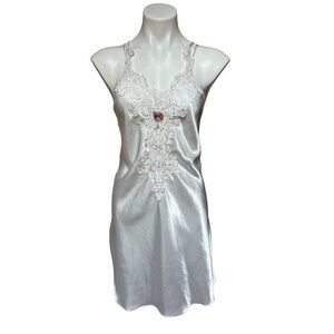 Vintage 80s White Satin Lace Slip Dress Medium fits Small